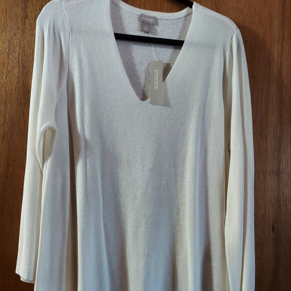 NWT Chico's V Neck Tunic Length Sweater in Cream w/ Bell Sleeves size 2 (12/14) - Picture 1 of 1
